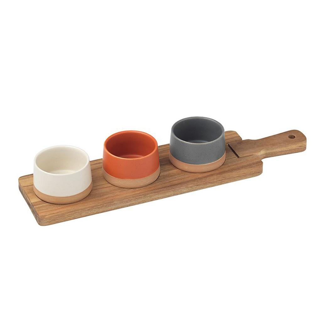 Elsjoy Set Di 3 Ciotole In Ceramica Con Vassoio In Legno Di Quercia – Ideale Per Antipasti, Snack, Frutta E Dessert – Lavabile In Lavastoviglie