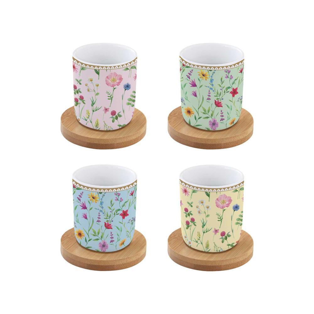 EASY LIFE MEADOW FLOWERS SET 4 TAZZE ESPRESSO CON PIATTINO BAMBOO
